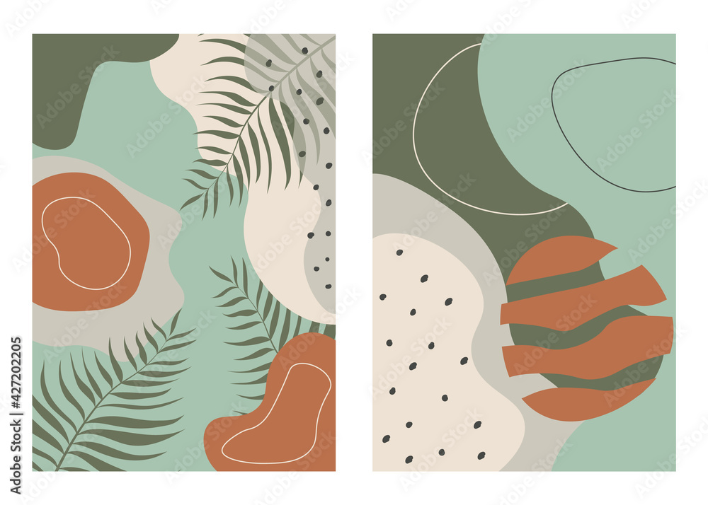 Aufkleber abstract wall art vector set. palm leaves and minimal shapes. boho style set for print.