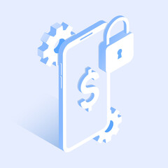 Smartphone with dollar sign, lock and gears. Secure mobile payments concept. Isometric vector illustration.
