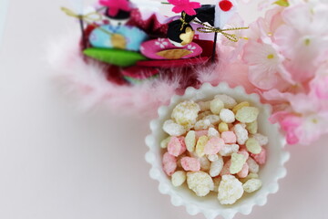 Japanese confectionery, sweet rice cracker on white plate for Girl's day holiday food