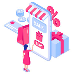 Online shopping concept. Girl in front of smartphone screen with gift box, credit card, coins, bag.For web banners, infographics. Flat isometric vector illustration isolated on white background.