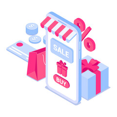 Online sale concept. Smartphone with gift box, credit card, coins, bag, percent icon. For web banners, infographics. Isometric vector illustration isolated on white background.