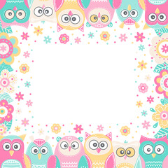 Vector hand drawn frame with owls and flowers. Illustration in flat style. Pastel colors - mint, pink, yellow, beige. Cute birds for childish design.