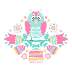 Vector hand drawn composition with owls and flowers. Illustration in flat style. Pastel colors - mint, pink, yellow, beige. Cute childish illustration for textile, cards, posters.