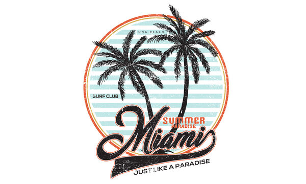 Miami Beach Surf Club T-shirt Design. Summer Paradise At The Miami Beach Vector Design.