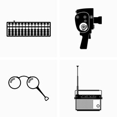 Set of old fashion objects, abacus, movie camera, pince-nez and radio set - obrazy, fototapety, plakaty
