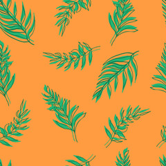 seamless pattern vector palm leaves green leaves and contours on background. For textiles, packaging, fabrics, wallpapers, backgrounds, invitations. Summer tropics hand illustration