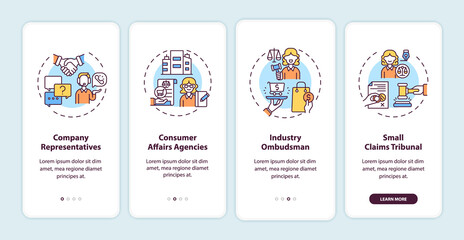 Consumer protection services onboarding mobile app page screen with concepts. Industry ombudsman walkthrough 4 steps graphic instructions. UI, UX, GUI vector template with linear color illustrations - obrazy, fototapety, plakaty