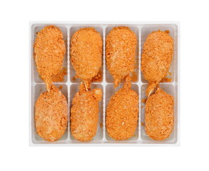 Frozen breaded surimi crab claws  isolated on white. Frozen food.