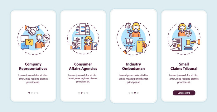 Consumer Protection Services Onboarding Mobile App Page Screen With Concepts. Industry Ombudsman Walkthrough 4 Steps Graphic Instructions. UI, UX, GUI Vector Template With Linear Color Illustrations