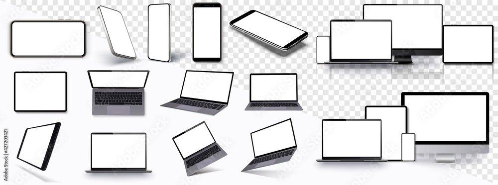 Poster mock-ups gadgets collection smartphone,pc, tablet, laptop, blank screen for your design. side and to