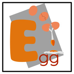 Flash card illustration vector graphic of letter E and illustration of an egg as an example. Really helpful for teaching children the alphabet