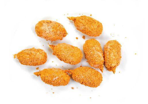 Frozen breaded surimi crab claws  isolated on white. Frozen food.