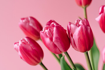 Fresh tulip flowers on a pink background.