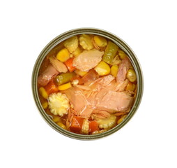 Mexican dish with tuna, corn and hot peppers isolated on white background. Healthy and nutritive tuna salad with corn, vegetables and beans.