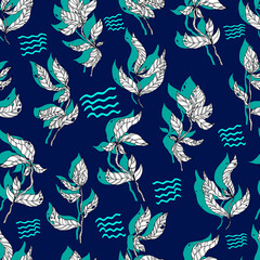 leaves on wooden twigs vector seamless pattern white and green with shadow on blue