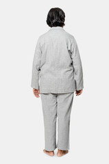Senior woman in gray pajamas nightwear apparel full body