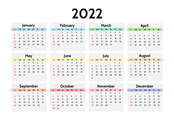 Calendar for 2022 isolated on a white