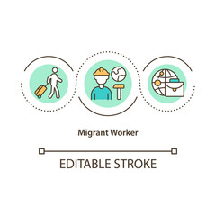 Migrant worker concept icon. Legal job abroad. Person work cross border. Immigrant labor rights idea thin line illustration. Vector isolated outline RGB color drawing. Editable stroke