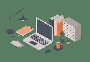 Isometric vector illustration of office items. Isometric laptop and workspace concept. Stationery objects set.