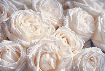 Many white roses are a top view. Vintage style.
