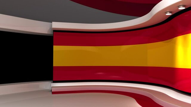 TV studio. Spain. Spanish flag studio. Spanish flag background. News studio. The perfect backdrop for any green screen or chroma key video or photo production. 3d render. 3d
