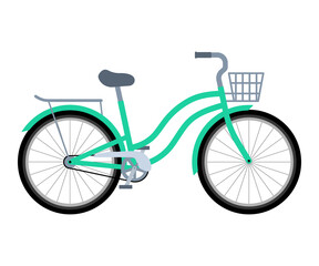 Bicycle with basket and trunk. Transport for delivery. Eco-friendly bike. Vector illustration in flat style on white isolated background.