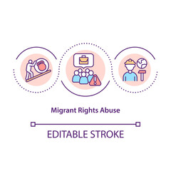 Migrant rights abuse concept icon. Foreigner unfair treatment. Immigrant workers discrimination idea thin line illustration. Vector isolated outline RGB color drawing. Editable stroke