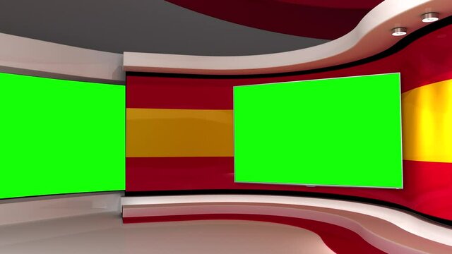 TV studio. Spain. Spanish flag studio. Spanish flag background. News studio. Green screen. 3d render. 3d