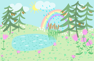 Fototapeta na wymiar Forest landscape with rainbow, lake, Christmas trees, flowers, sun and rain. Summer in woodland background Scandinavian flat style Kids vector illustration