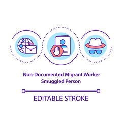 Non document migrant worker, smuggled person concept icon. Human trafficking. Illegal immigrant idea thin line illustration. Vector isolated outline RGB color drawing. Editable stroke