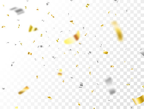 Gold and silver confetti background. Glitter falling paper. Anniversary party. Carnival serpentine and tinsel poster. Birthday surprise decoration. Celebrate event card. Festive. Vector illustration