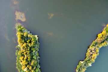 Lake water with island, summer landscape, aerial view