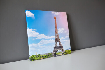 Canvas print stretched on frame with gallery wrap. Photography with Paris Eiffel Tower cityscape