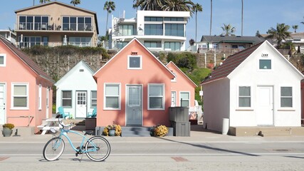 Blue bicycle, cruiser bike by ocean beach, pacific coast, Oceanside California USA. Summertime...