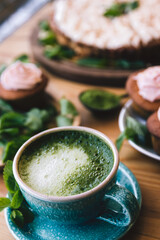 matcha tea with cakes