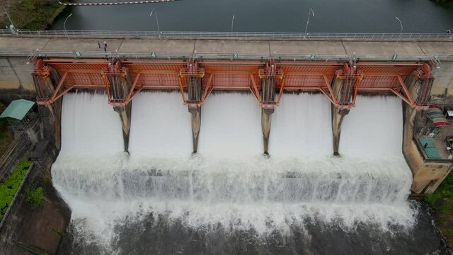 Beautiful Scenery evening aerial view Kiew Lom Dam, Lampang, Thailand, Water management concept.