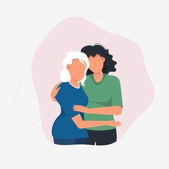 Woman hugging her mother. Family love. Mothers Day greeting card. Mom and daughter hug together. Happy characters lifestyle. Family relationship concept. Vector illustration.