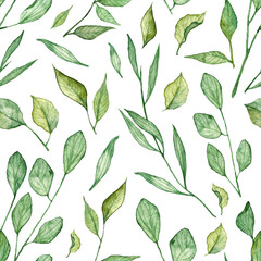 Seamless pattern with hand painted watercolor green leaves