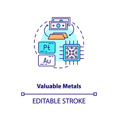 Valuable metals concept icon. E-waste component idea thin line illustration. Platinum, gold. Precious metals return. Electronic elements. Vector isolated outline RGB color drawing. Editable stroke