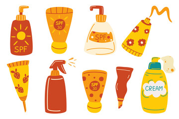 Set of Bottles with sunscreens. Protection for the skin from solar ultraviolet light. Sunscreen cream and lotion set isolated on white background. Flat set of sunscreen vector icons for web design
