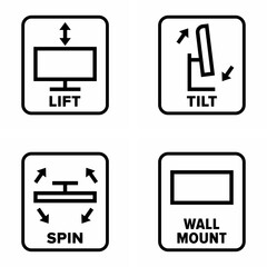 "Lift, tilt, spin, wall mount" screen display adjusting and setting directions information sign
