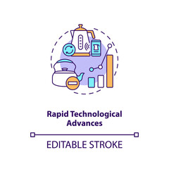 Fototapeta premium Rapid technological advances concept icon. E-waste management challenge idea thin line illustration. Electric and electronic products risks. Vector isolated outline RGB color drawing. Editable stroke