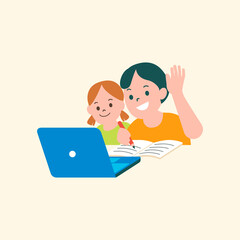 Children studying online class flat graphic