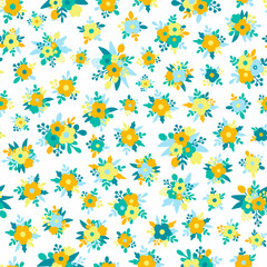Vector seamless pattern with flat flowers. Hand drawn floral background. Cute design for fabric, wallpaper, wrapping, scrapbooking. Stylized drawn flowers backdrop.  - 427208205
