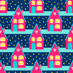 Vector seamless pattern with pink houses and yellow stars. Bright night background for textile, wrapping, scrapbooking. Cute home with heart. - 427208273