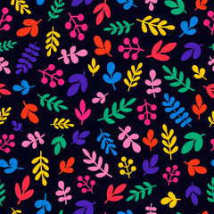 Vector seamless pattern with braight flat leaves. Hand drawn elements on black background. Abstract print with leaves. Cute summer pattern for textile, wrapping, scrapbooking. - 427208299