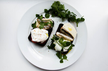 White plate with breakfast sandviches stock photo