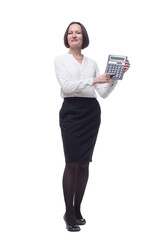 adult business woman with a calculator . isolated on a white background.