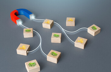 Magnet with lines attracts blocks with money. Profit raising, tax collection. Borrowing loans,...