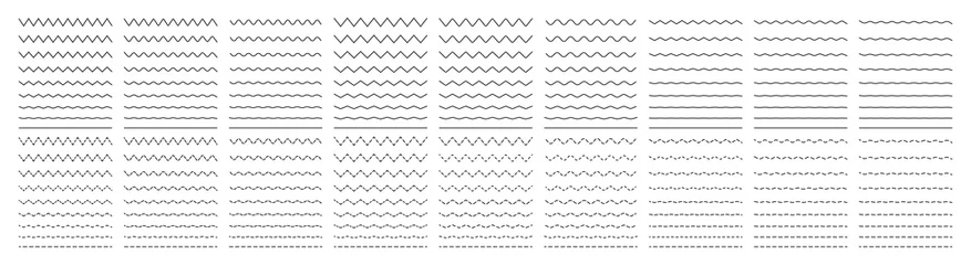 Fotobehang Zigzag wave. Wavy line. Undulate zigzag. Curve and squiggle line. Wiggly pattern for divider, sine and border. Serrated pattern with different amplitude. Parallel graphic zig zag. Vector © Wise ant